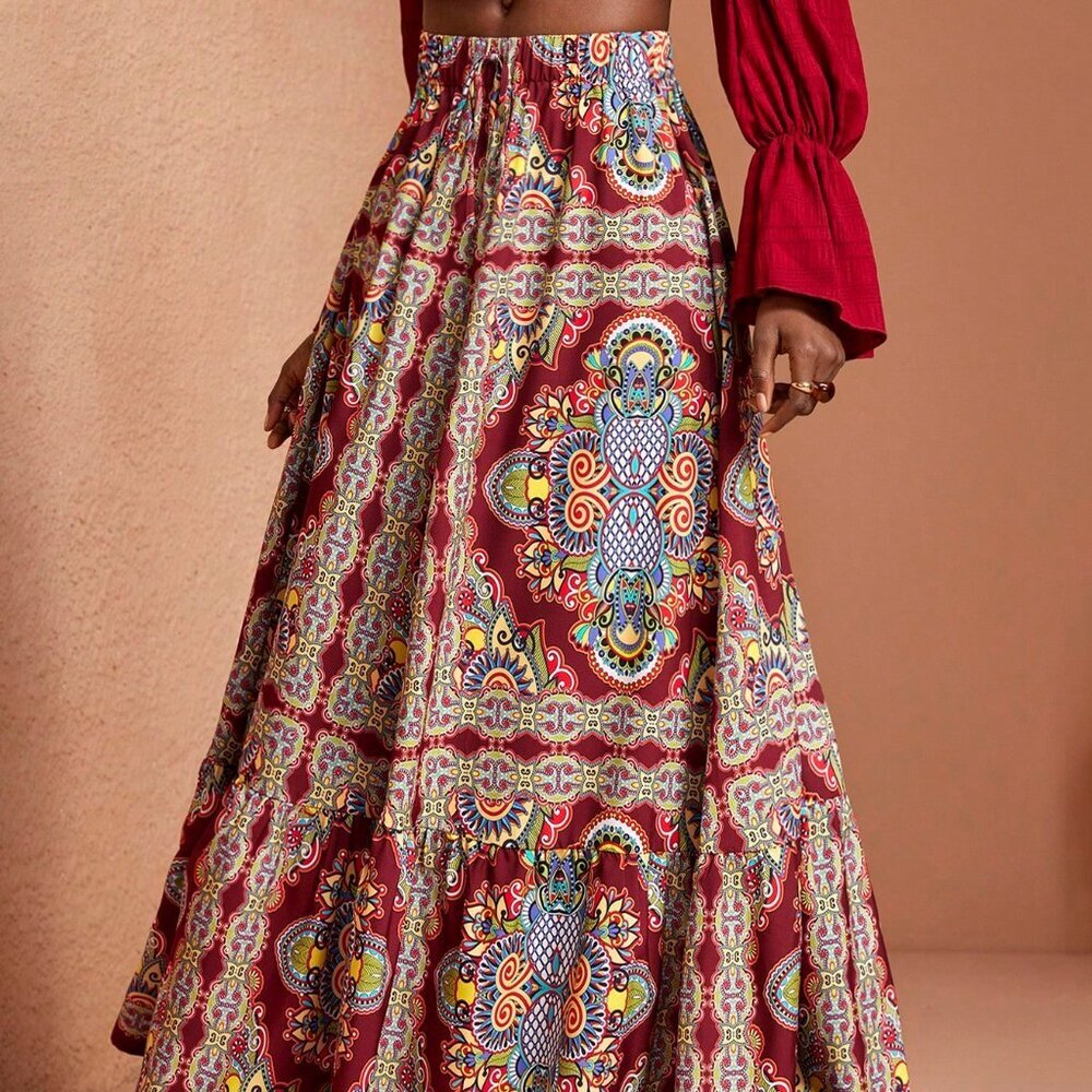 Multicolor Boho Women's All-Over Print High Waist Wide-Leg Hem Pants - Picture 4 of 6